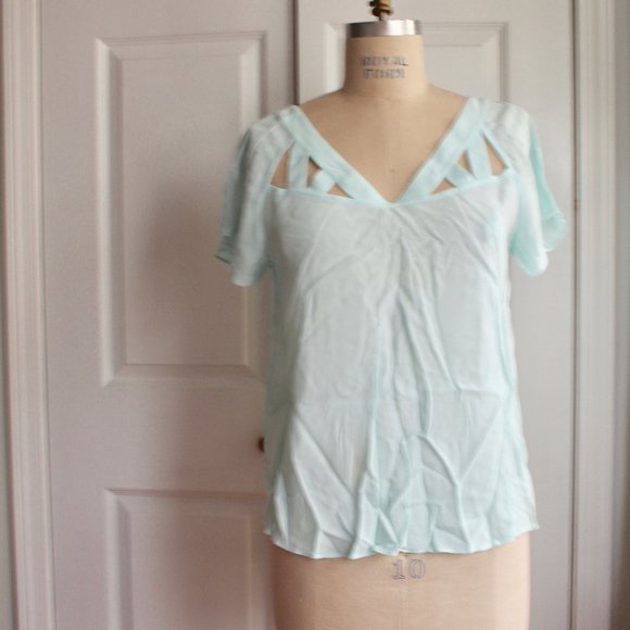 NWT Anthropologie Maeve Lattice Neckline Top in Sky Size 8 Soft Mint Green Rayon - Picture 2 of 10
